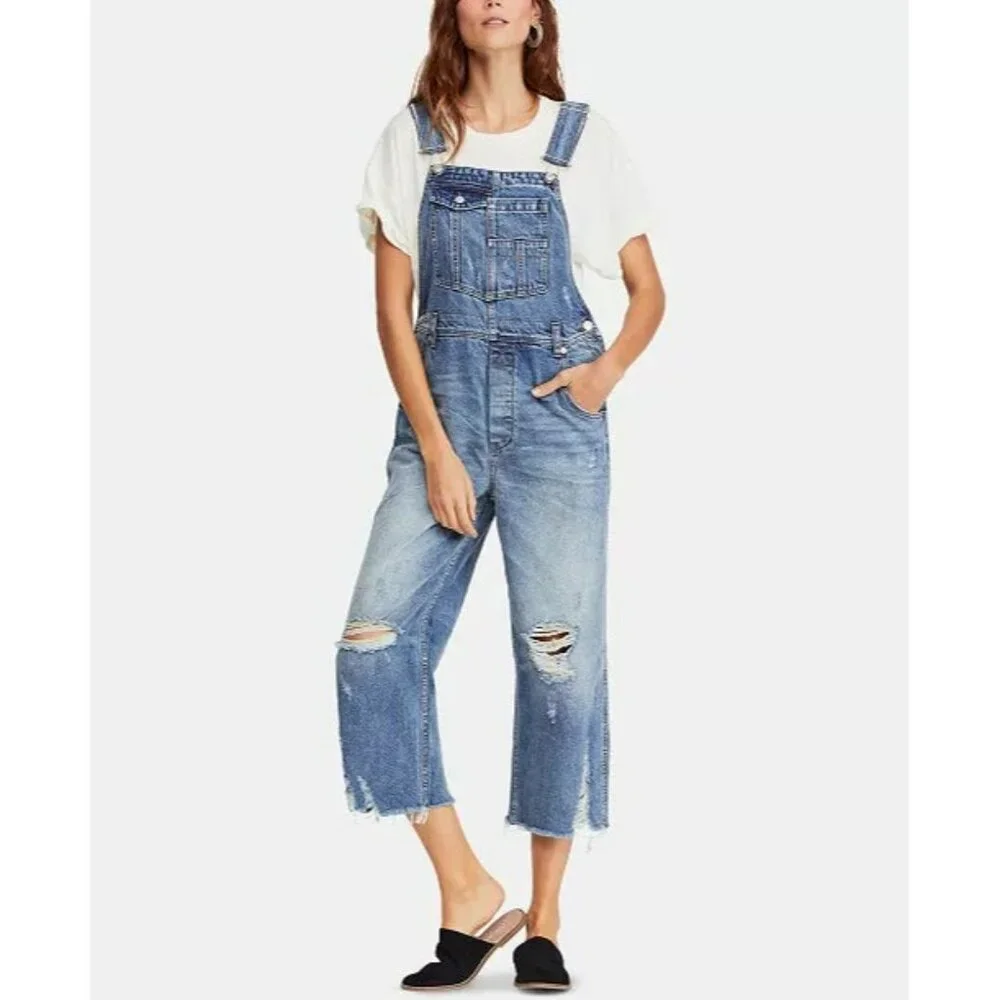 Free People Distressed Crop Overalls- sz28 - Picture 1 of 9